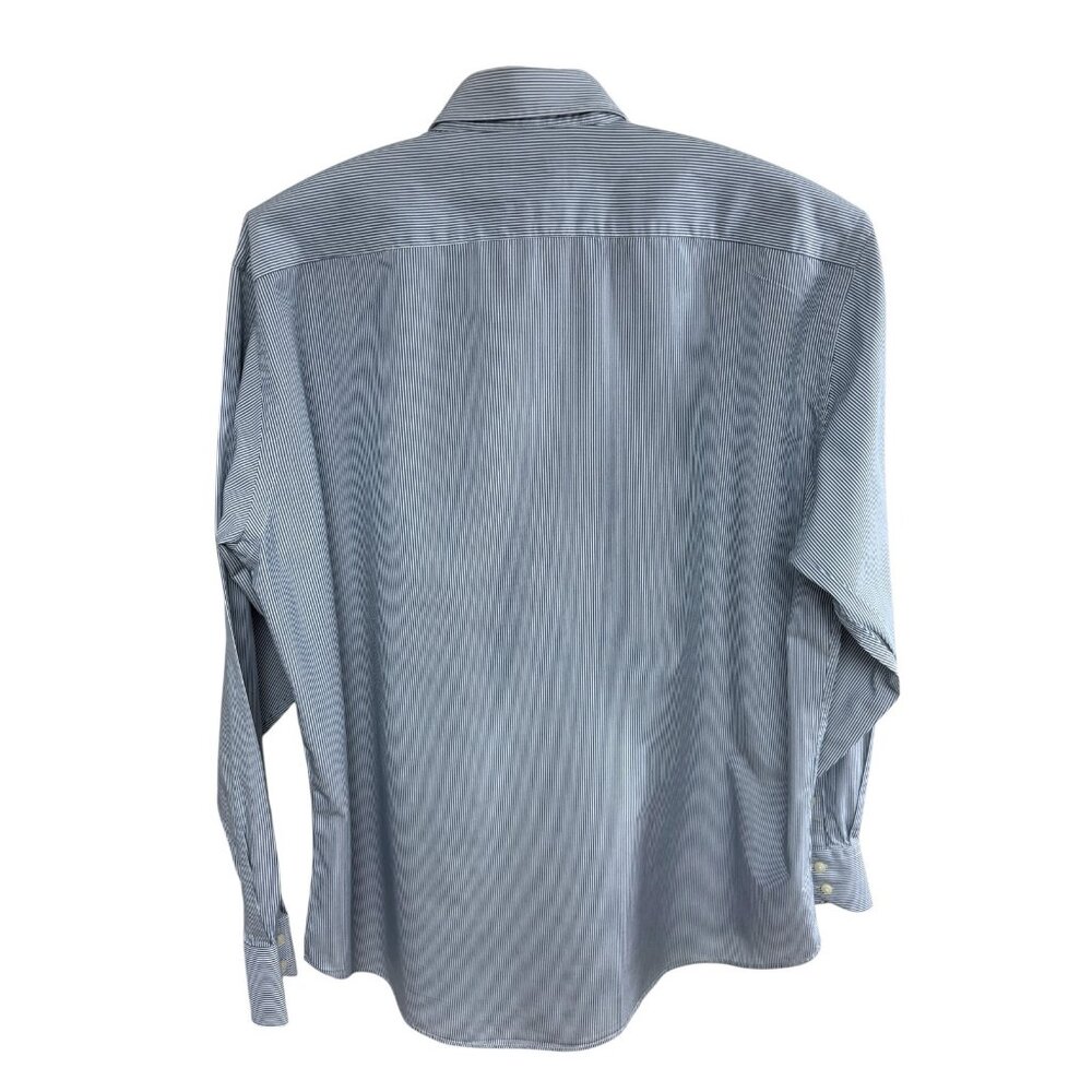 Thomas Dean Blue White Thin Stripe Pima Cotton Flip‎ Cuff LS Shirt - Picture 7 of 9